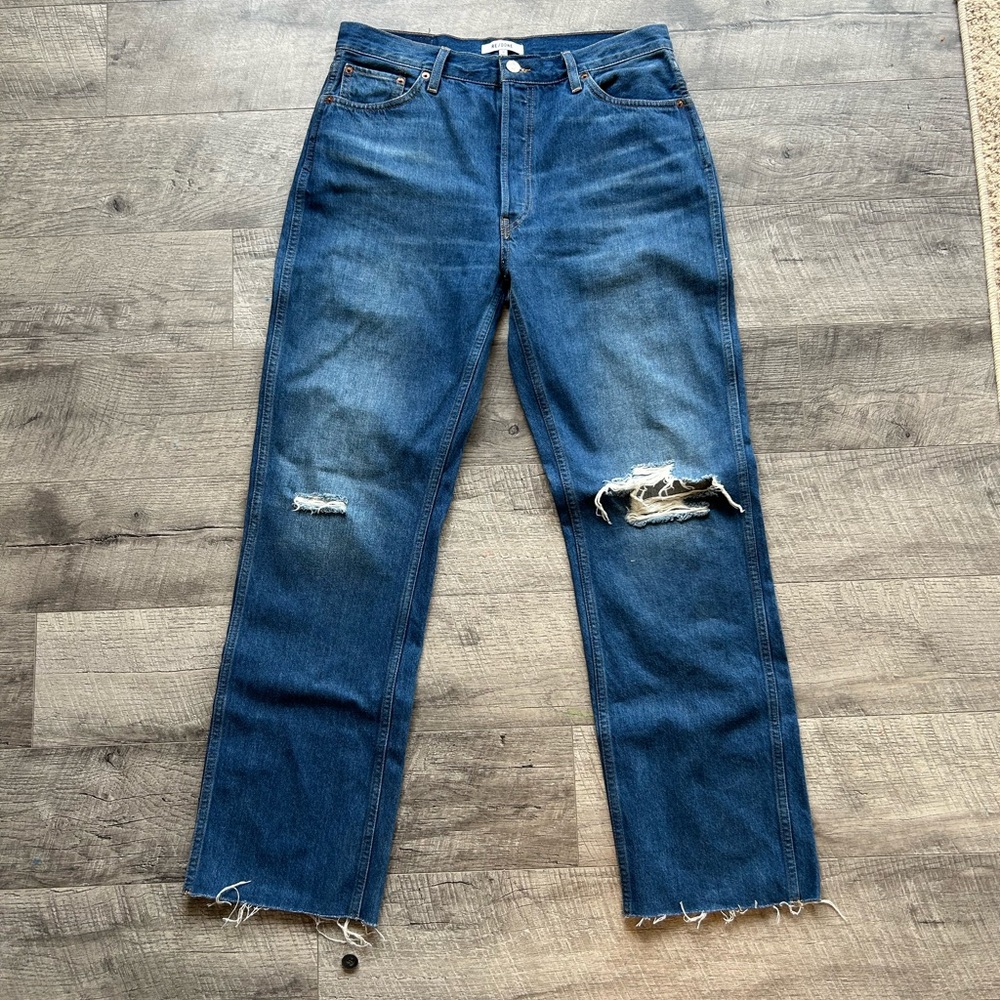RE/DONE High Rise Loose Jean in Destroyed Broken Blue size 31